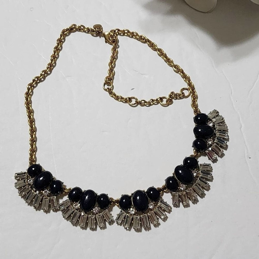J. Crew blue gold and clear fan shaped statement necklace